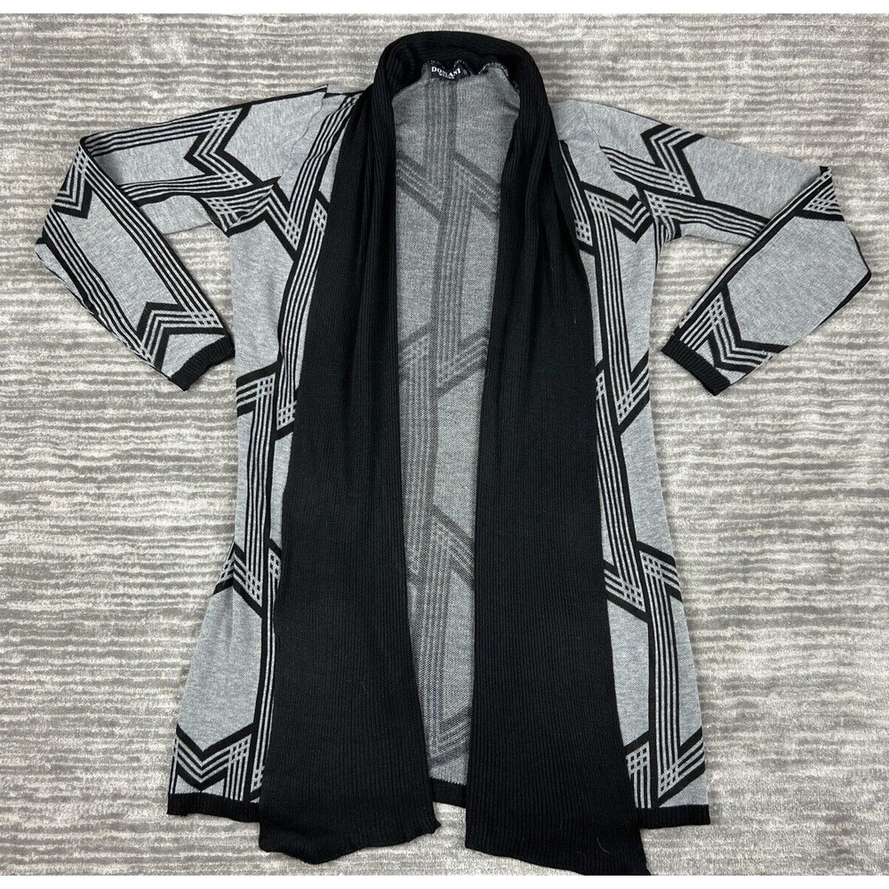 Domani Cardigan Womens 1X Grey Black Geometric Open Front Duster Knit Sweater